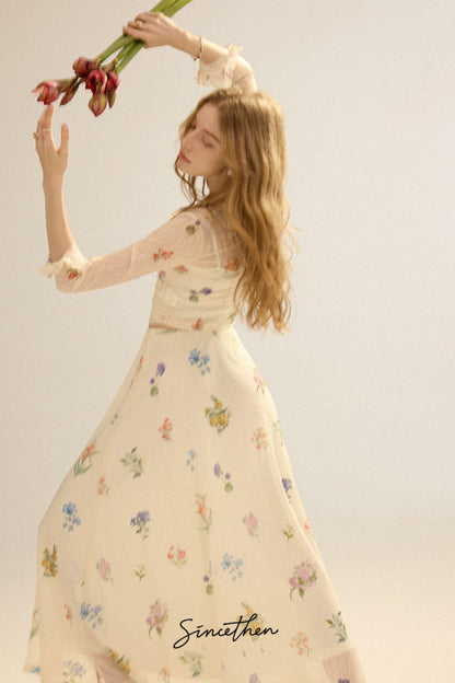 Fleur Vintage Ruffled Cardigan & Maxi Skirt 3-Piece Set