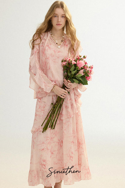 Camille French Retro Floral Chiffon 3-Piece Set
