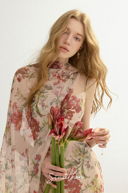 Odette French Floral Asymmetric Maxi Dress with Matching Scarf