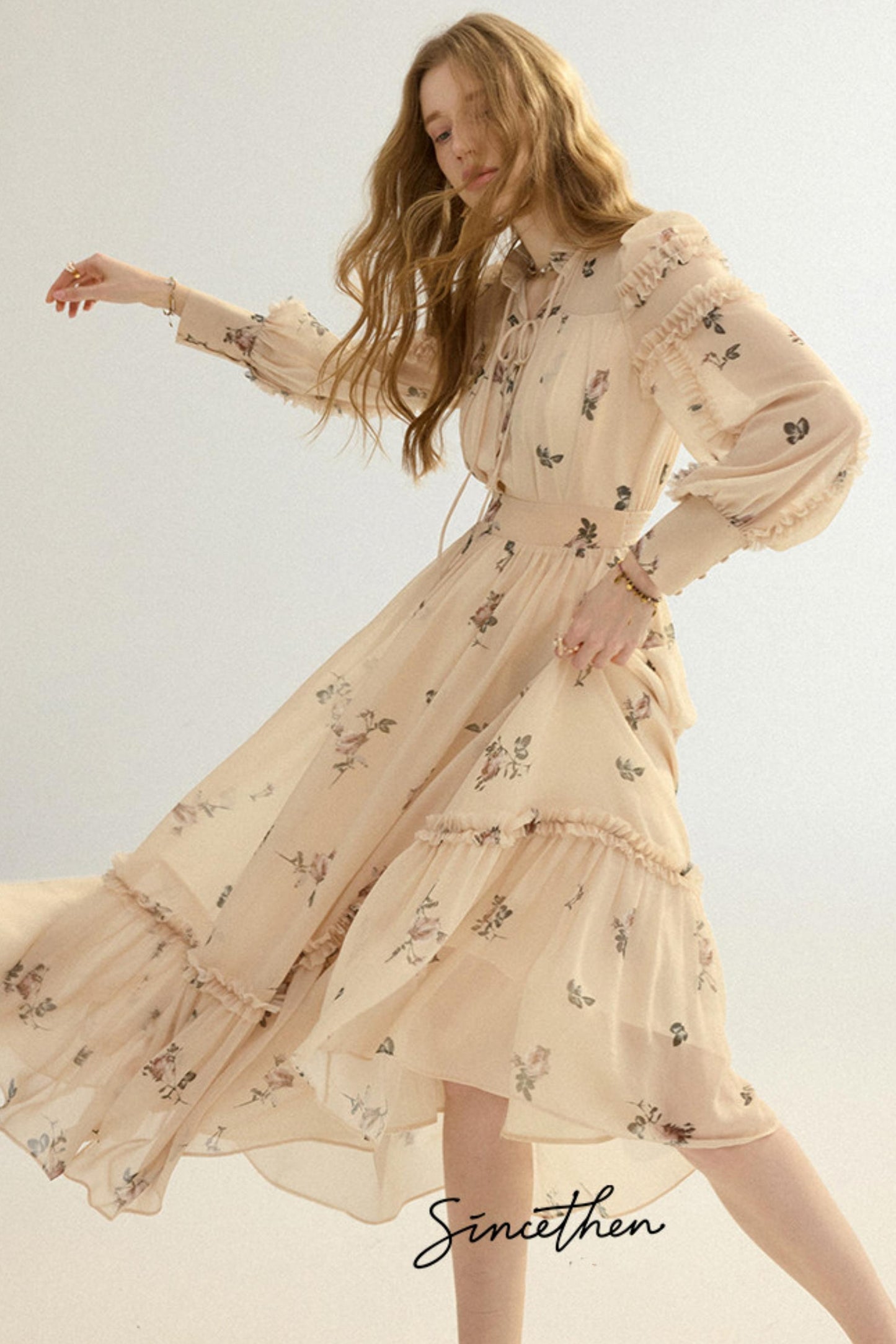Amélie French Vintage Floral Chiffon Maxi Dress