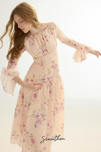 Odette French Vintage Floral Chiffon Maxi Dress