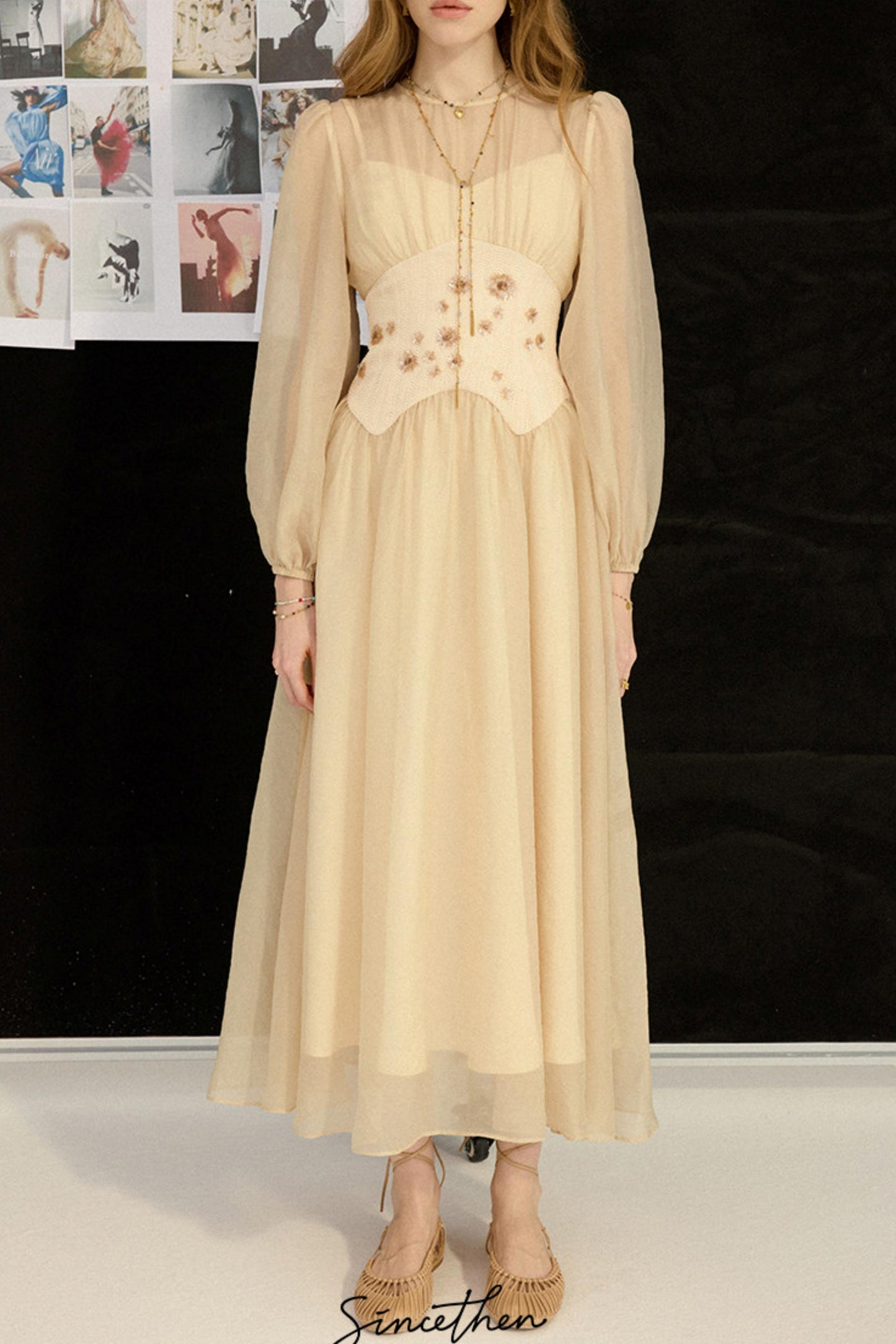 Aveline French Pastoral Embroidered Mesh Maxi Dress
