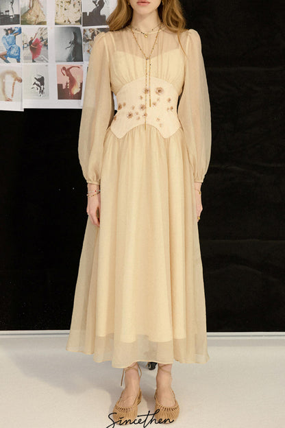 Aveline French Pastoral Embroidered Mesh Maxi Dress
