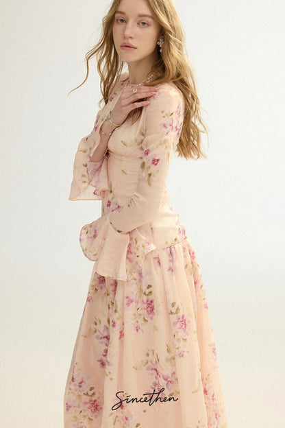 Odette French Vintage Floral Chiffon Maxi Dress