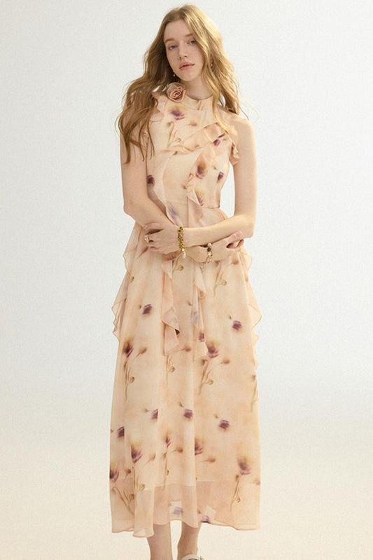 Woman wearing a floral dress on a white background