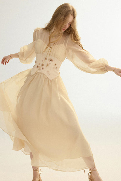 Aveline French Pastoral Embroidered Mesh Maxi Dress