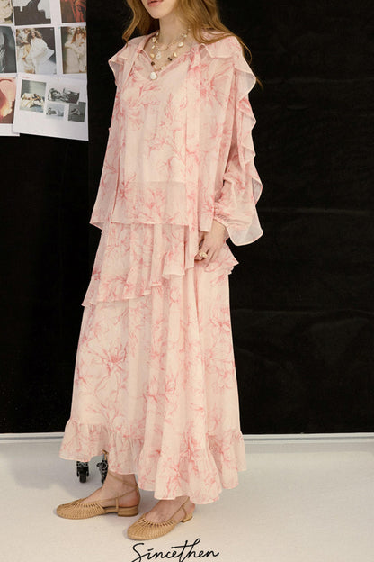 Camille French Retro Floral Chiffon 3-Piece Set