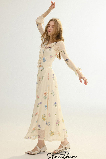 Woman wearing a floral dress on a white background
