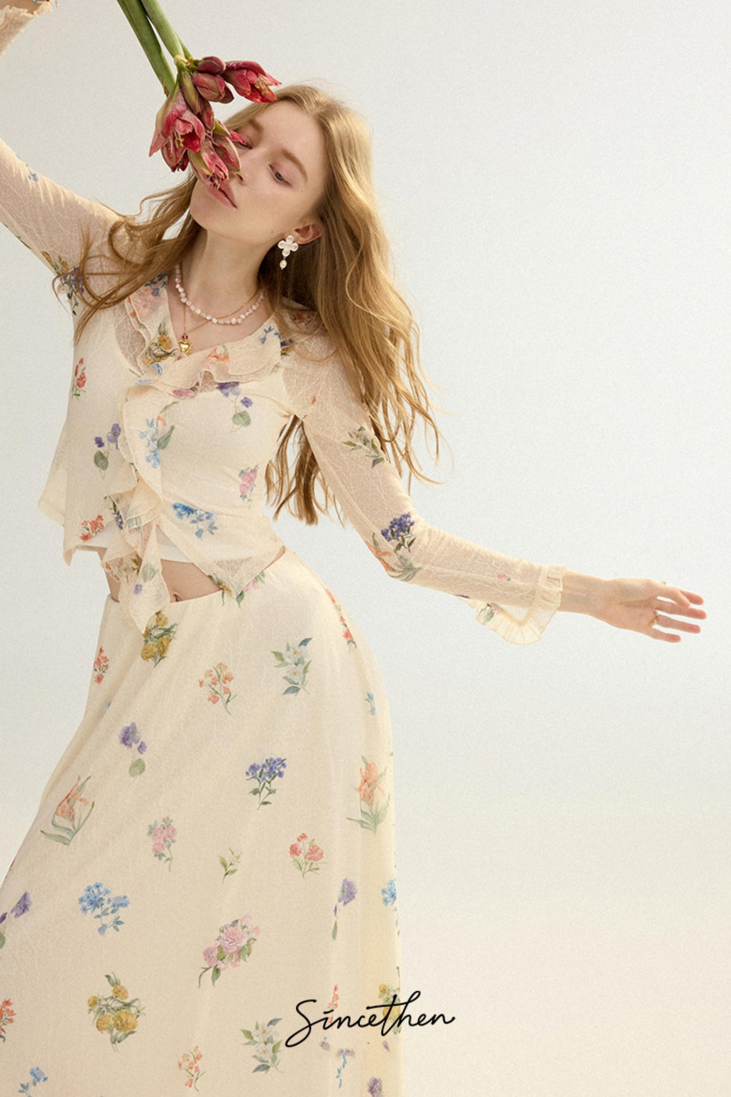 Fleur Vintage Ruffled Cardigan & Maxi Skirt 3-Piece Set