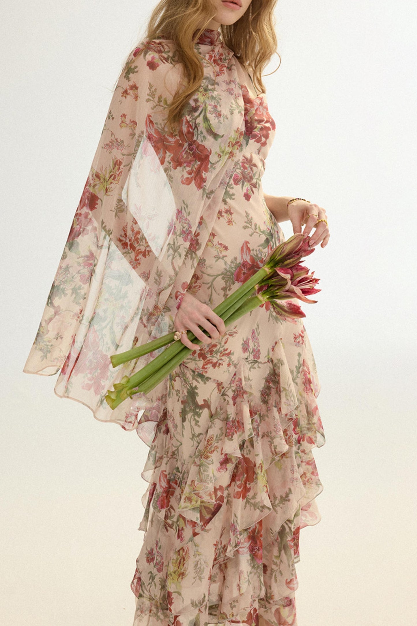 Odette French Floral Asymmetric Maxi Dress with Matching Scarf