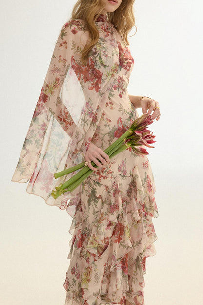 Odette French Floral Asymmetric Maxi Dress with Matching Scarf