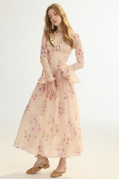 Woman wearing a floral dress on a white background