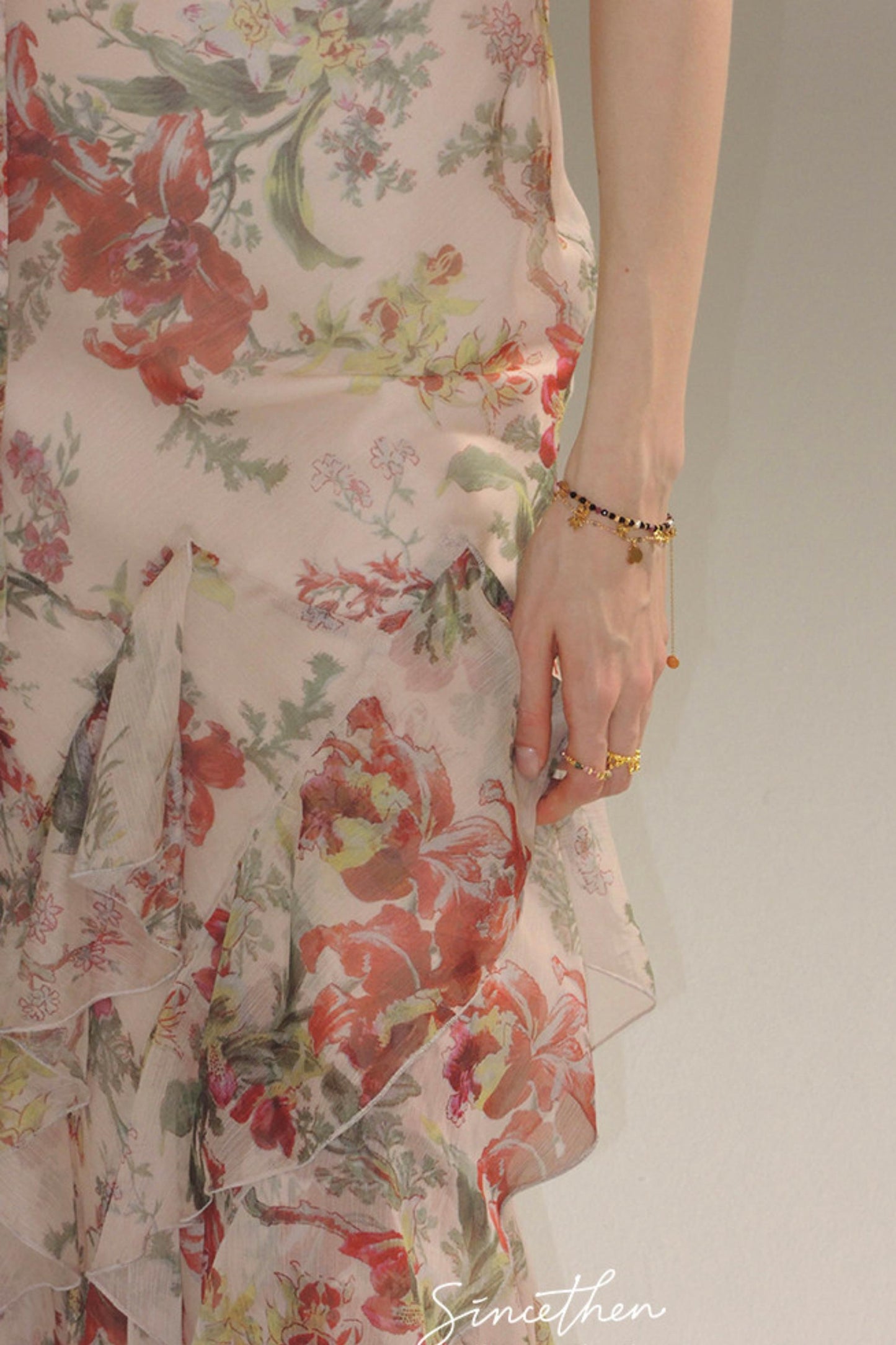 Odette French Floral Asymmetric Maxi Dress with Matching Scarf