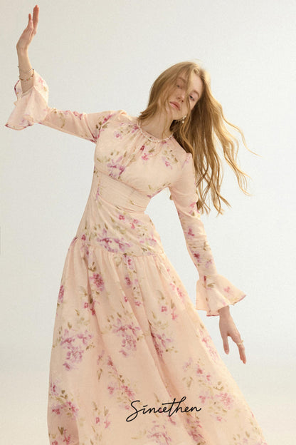 Odette French Vintage Floral Chiffon Maxi Dress
