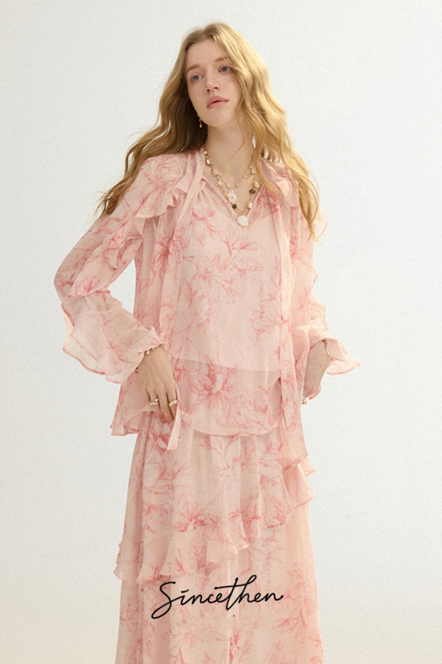 Camille French Retro Floral Chiffon 3-Piece Set