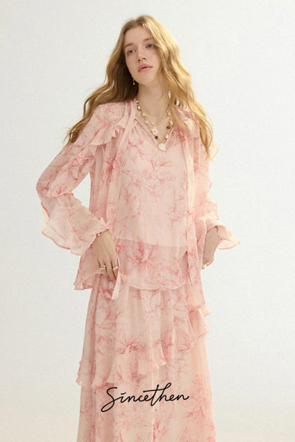 Camille French Retro Floral Chiffon 3-Piece Set