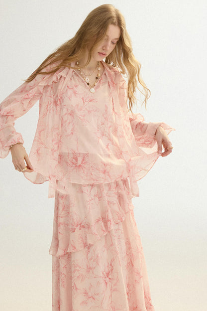 Camille French Retro Floral Chiffon 3-Piece Set