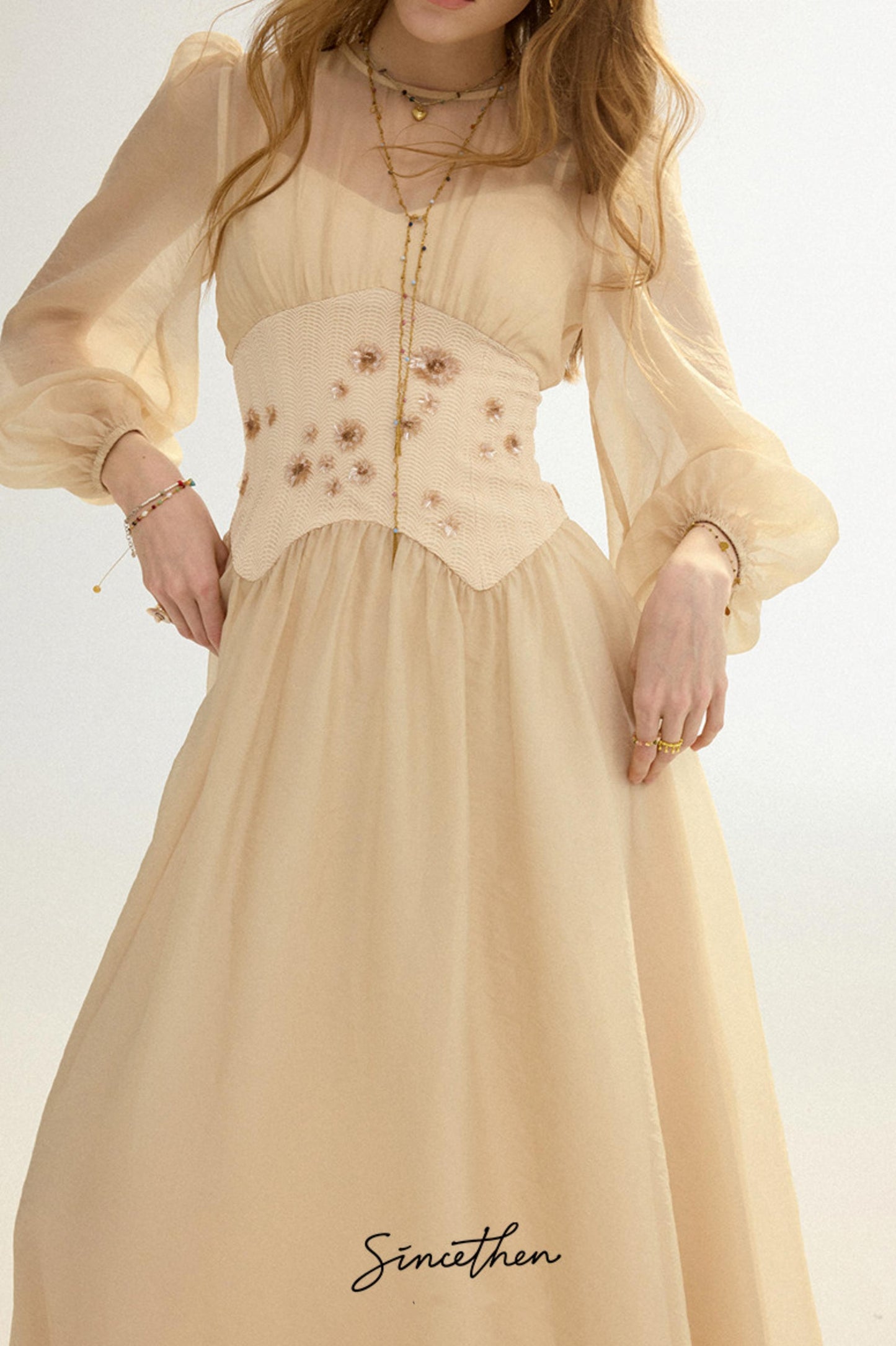Aveline French Pastoral Embroidered Mesh Maxi Dress