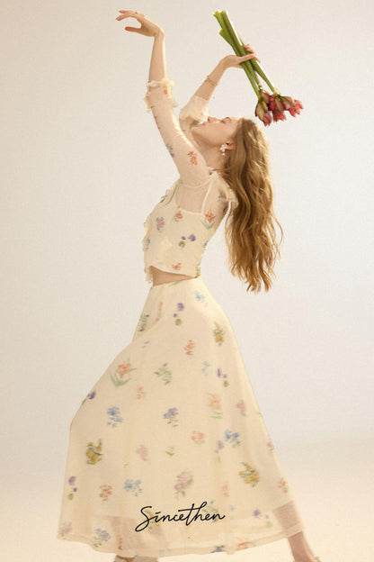 Fleur Vintage Ruffled Cardigan & Maxi Skirt 3-Piece Set