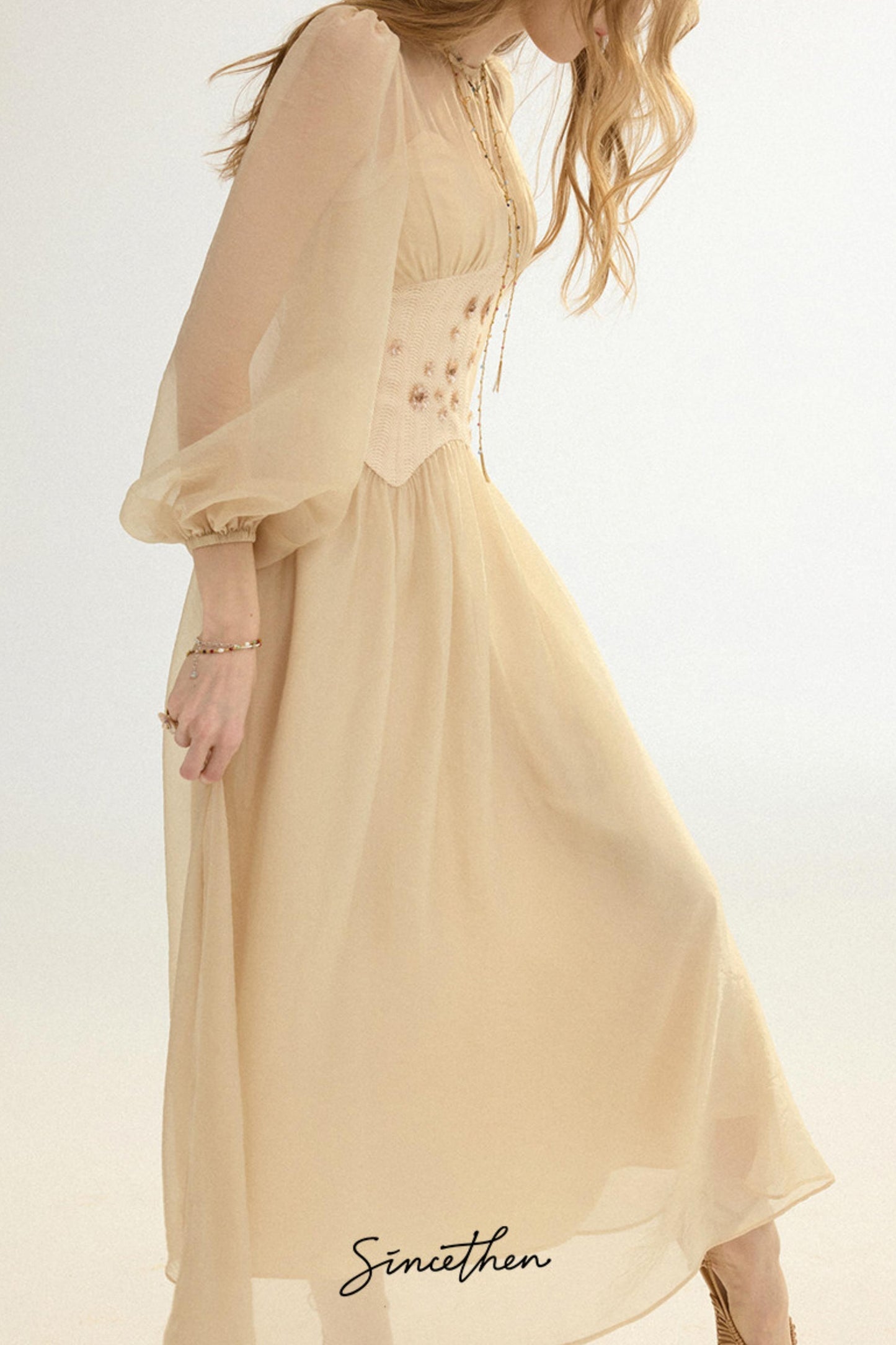 Aveline French Pastoral Embroidered Mesh Maxi Dress