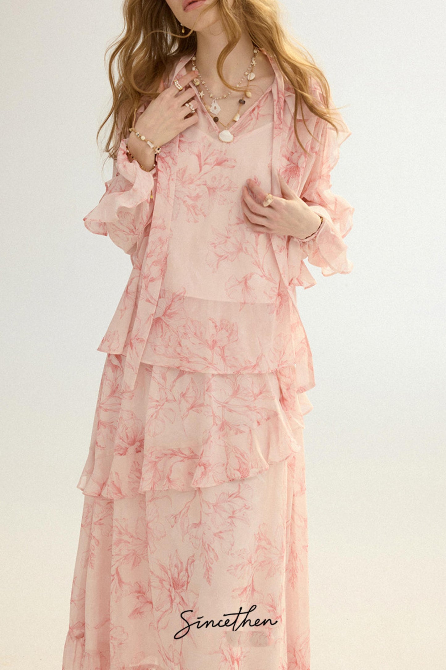 Camille French Retro Floral Chiffon 3-Piece Set