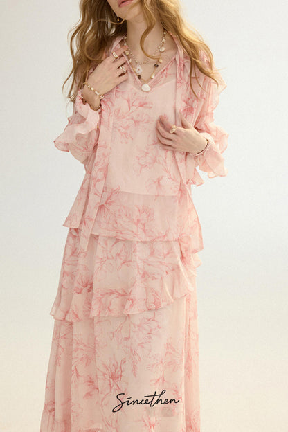 Camille French Retro Floral Chiffon 3-Piece Set