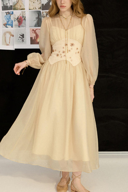 Aveline French Pastoral Embroidered Mesh Maxi Dress