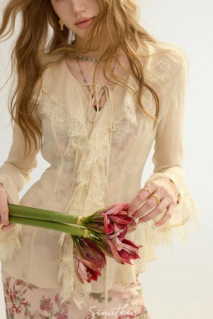 Sylvie French Vintage Lace-Trimmed Chiffon Cardigan Blouse Set