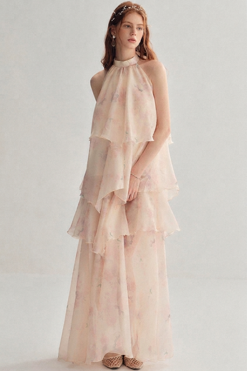 A woman modeling a sleeveless, high-neck, tiered maxi dress in a very light blush pink with a soft floral print, set against a plain light gray studio background.