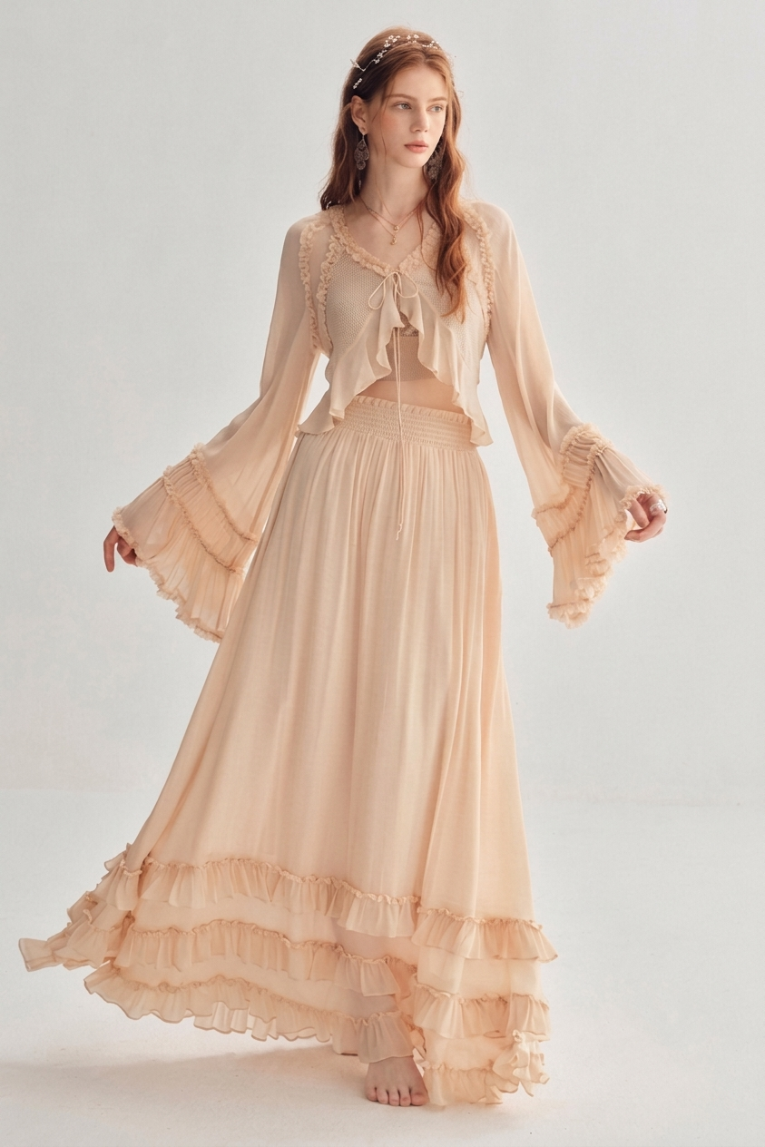 A woman modeling a long, flowing two-piece dress in a soft peach-beige color. The set features a sheer long-sleeve crop top with ruffles and a matching high-waisted maxi skirt with tiered ruffles, photographed against a light gray studio background.