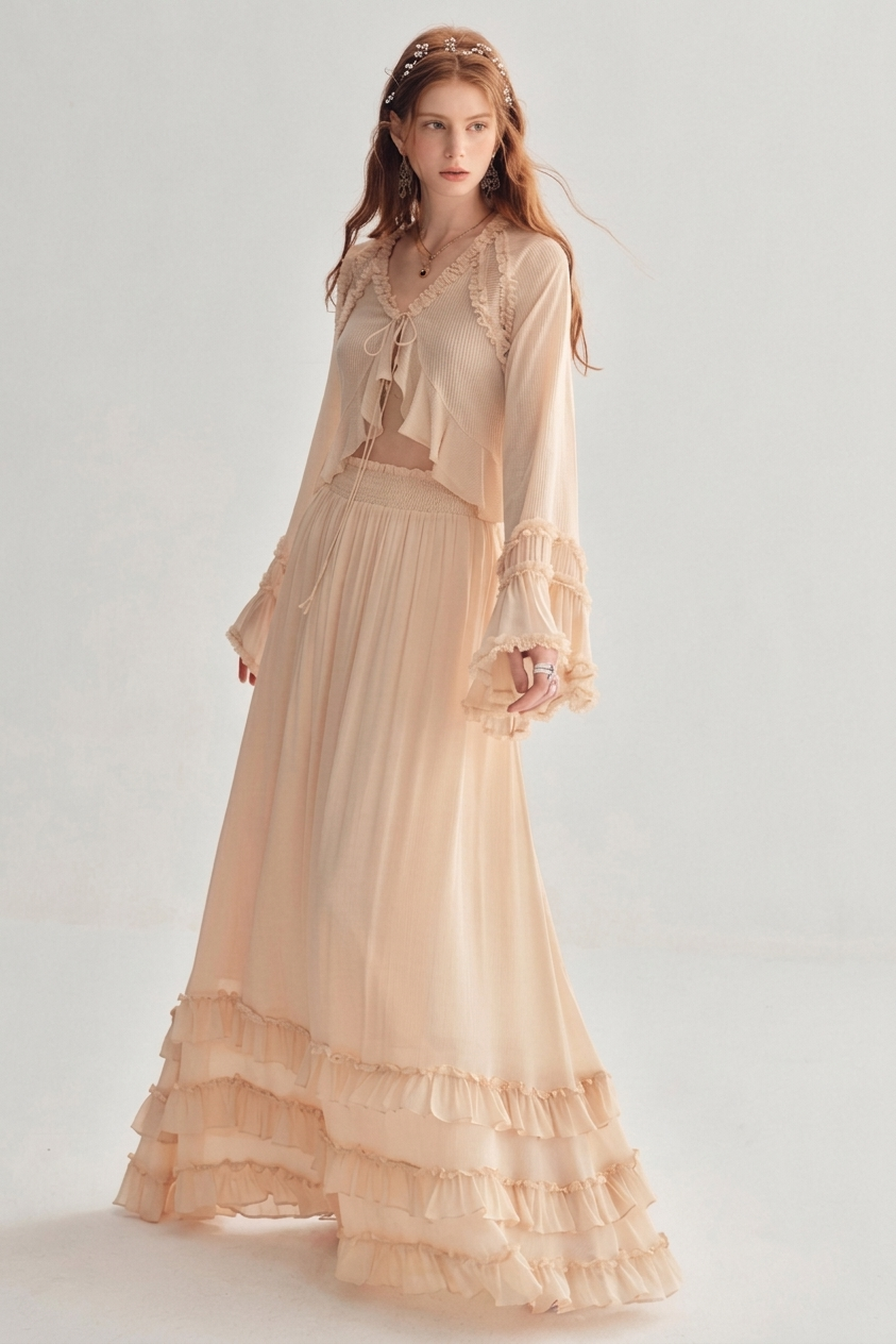 A woman modeling a light peach-beige bohemian maxi dress with a sheer long-sleeve crop top, lace details, and a tiered ruffled hem against a light gray studio background.