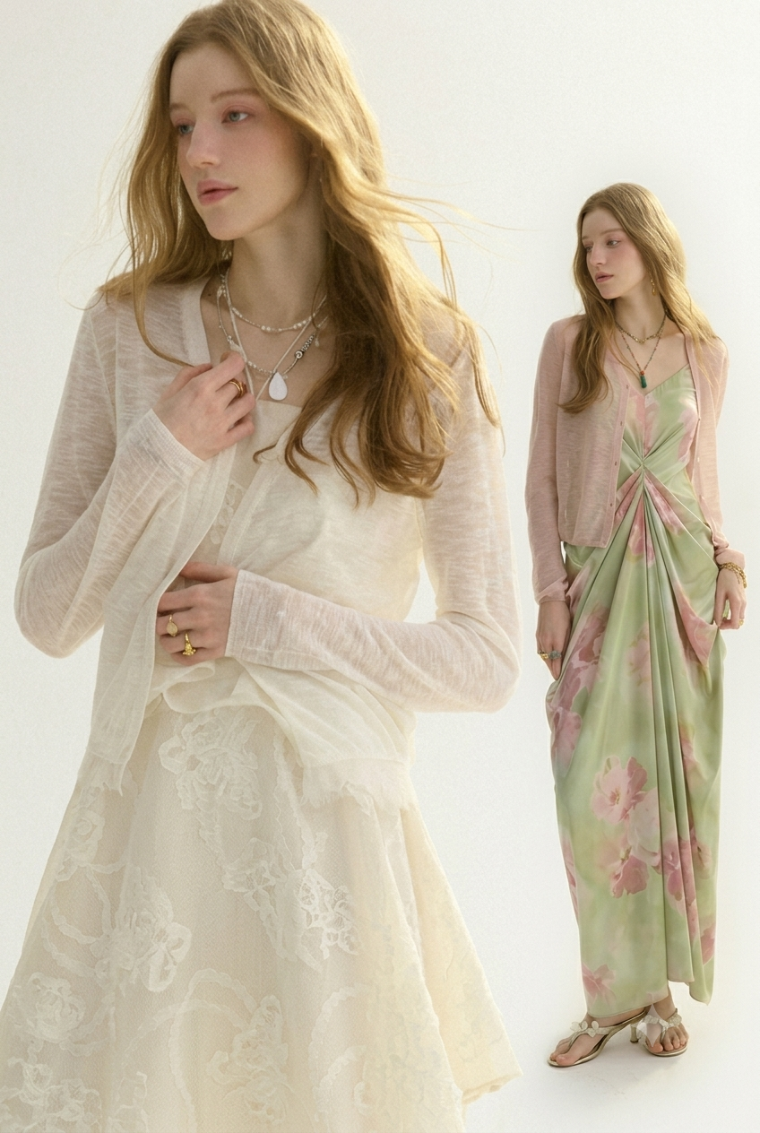 A woman modeling a cream-colored sheer long-sleeve cardigan over a white dress, with a faded inset showing the same cardigan worn with a green floral maxi dress.