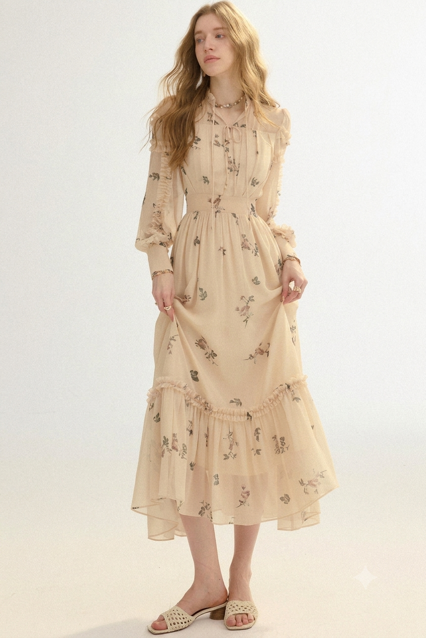 A woman modeling a long-sleeve midi dress in a light beige or cream color with a delicate floral print. The dress features a gathered waist, ruffled collar, and a tiered skirt.