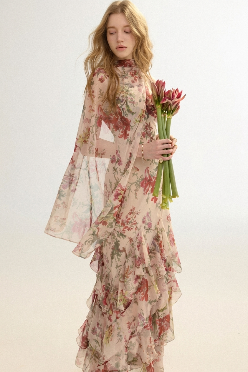 Odette French Floral Asymmetric Maxi Dress with Matching Scarf